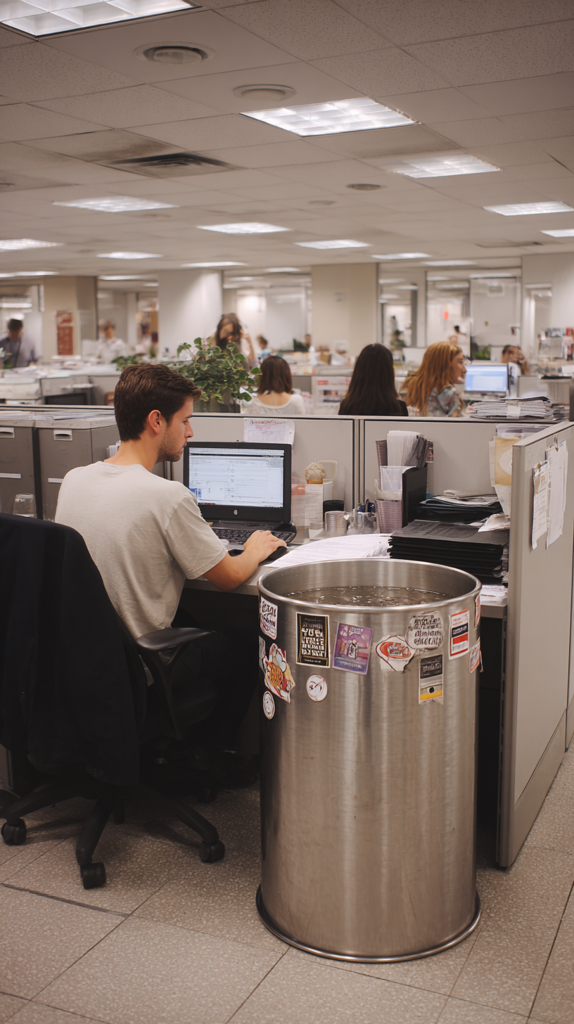 Office worker hugging stainless megacup, condensation on paperwork