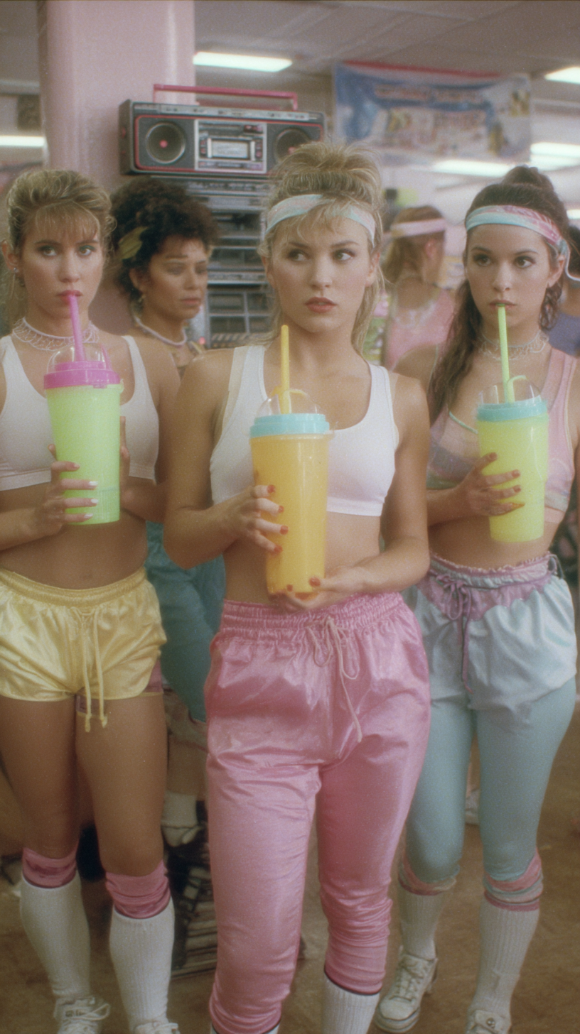 1980s gym, spandex, neon cup with curly straw whistle