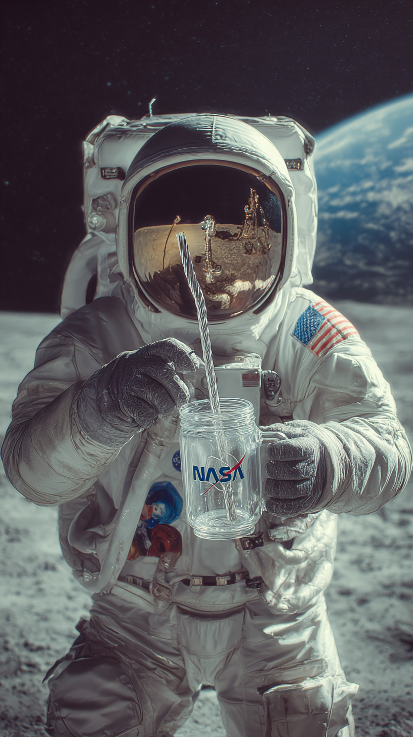 Astronaut on Moon with chunky acrylic mug and spiral straw
