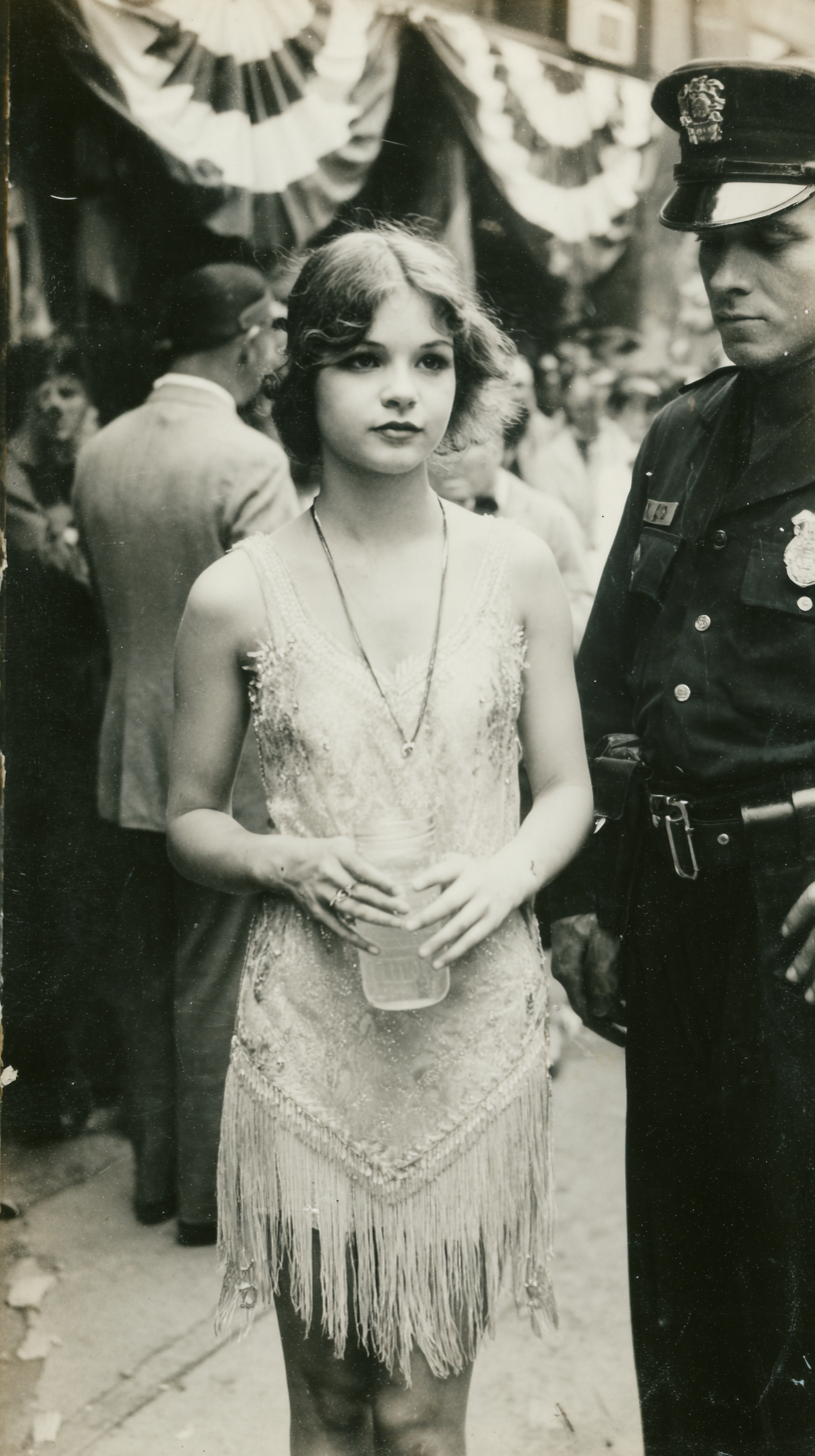 Flapper with mason jar the size of her torso, police officer bewildered