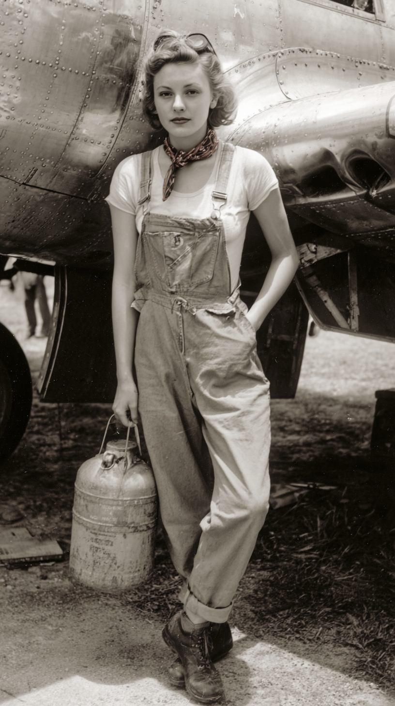 WWII riveter with oversized military canteen and straw