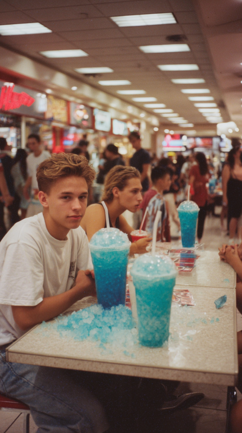 90s teens with oversized mugs of blue slushie