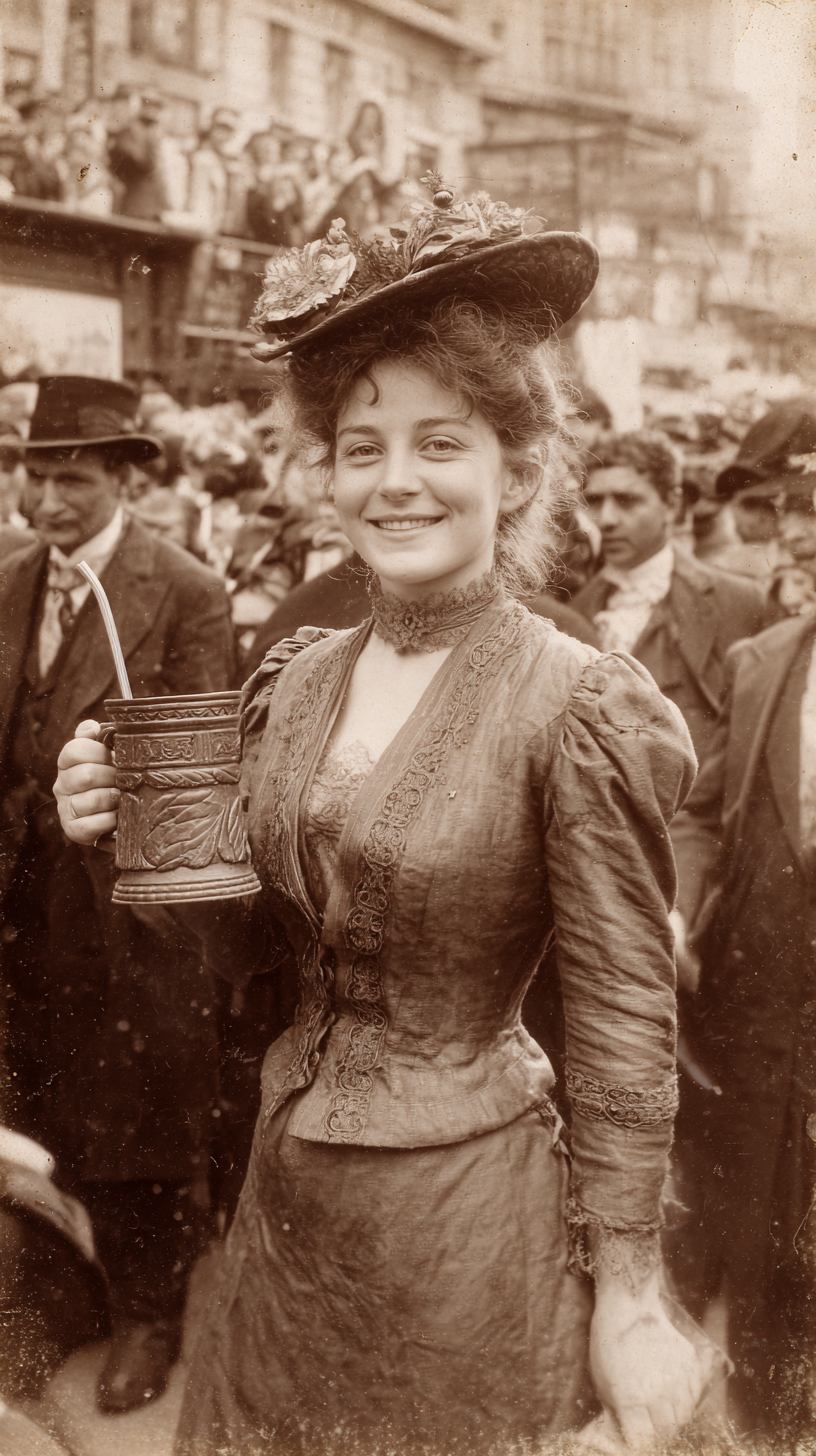 Edwardian woman holding enormous wooden mug with long metal straw