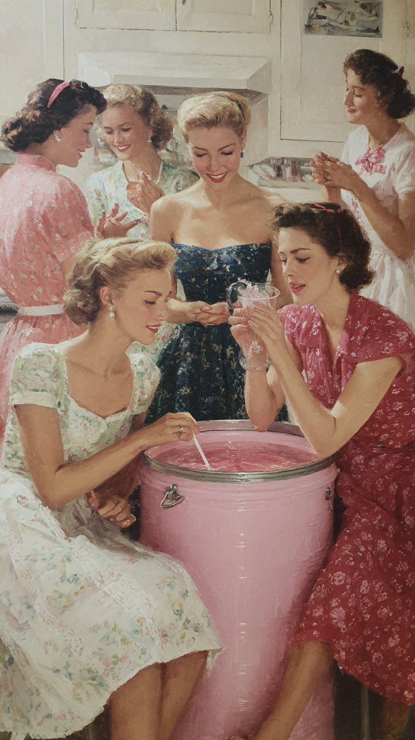 1950s housewives around giant pink plastic cup with 4-foot straw