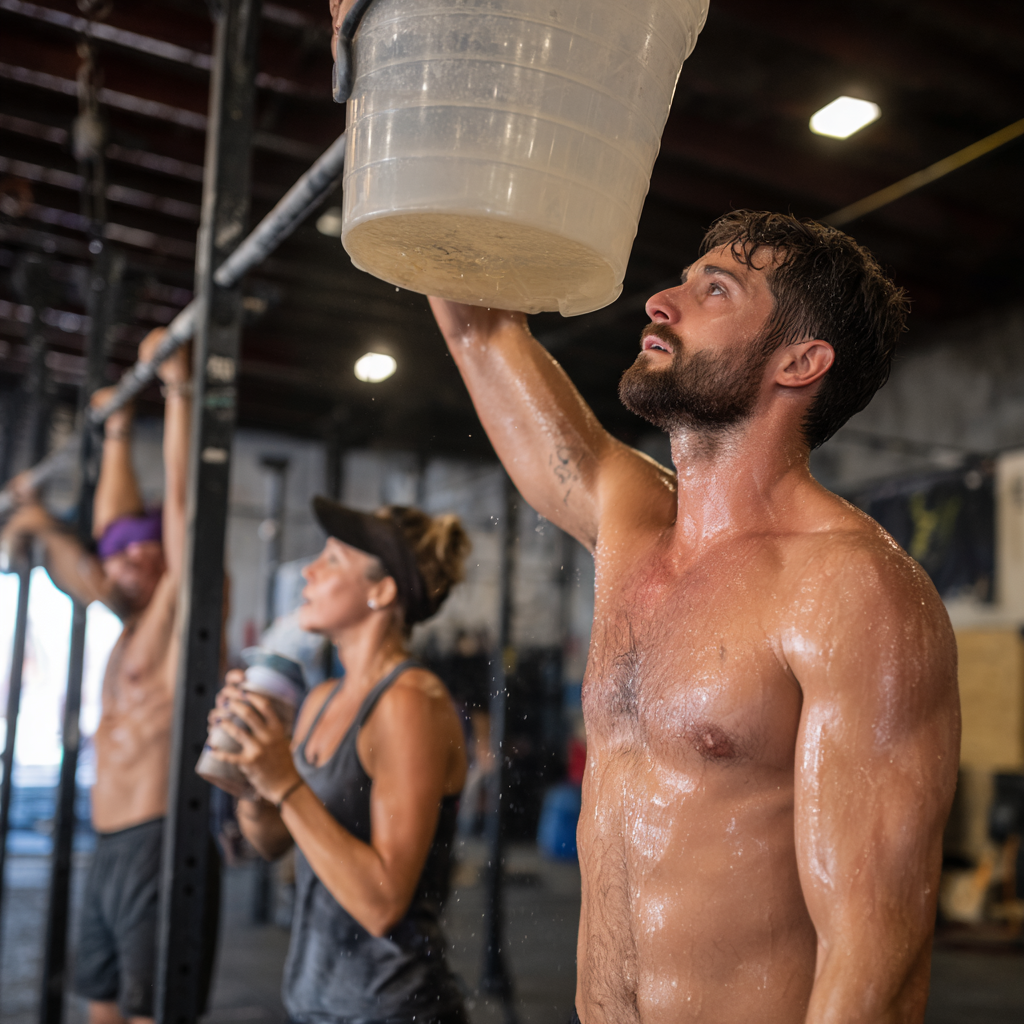 Warehouse gym, athlete sipping from jug during burpees